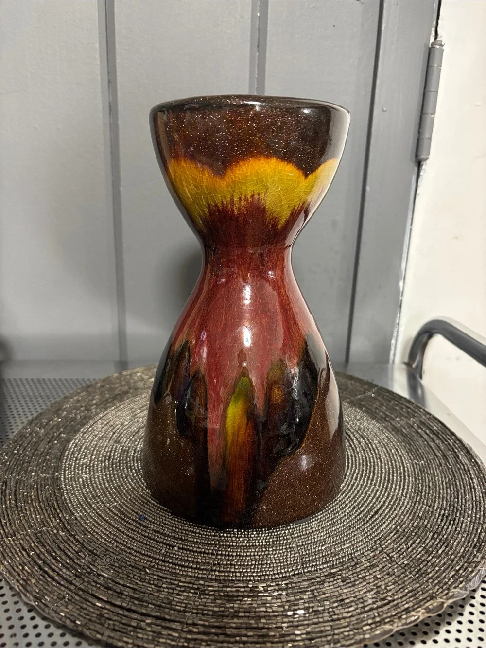 Pier 1 Glazed Ceramic Candle Holder in Brown, Red and Yellow